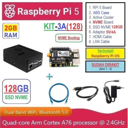 KIT-3A(128)  Raspberry Pi 5 (2GB RAM) KIT NVME SSD 128GB - Complete SET SIAP PAKAI